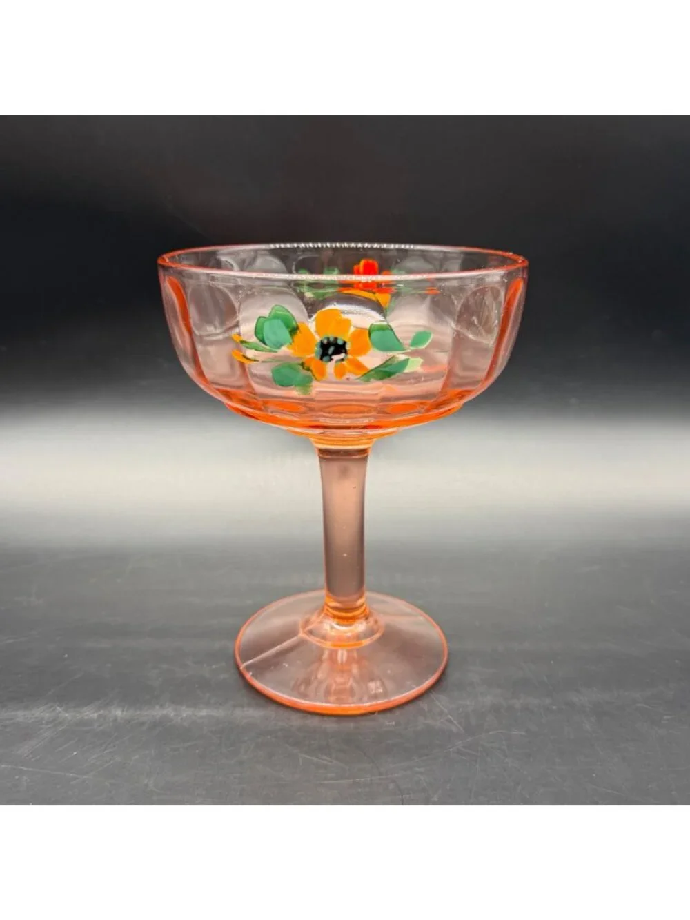 Vintage Pink Depression Glass Compote Hand Painted Floral Bowl Dish Centerpiece